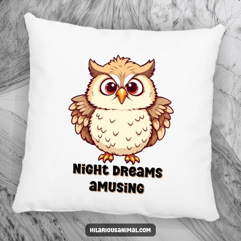 Funny owl pillow featuring a chuckling owl with ruffled feathers and eyes wide with mirth, looking truly amused.