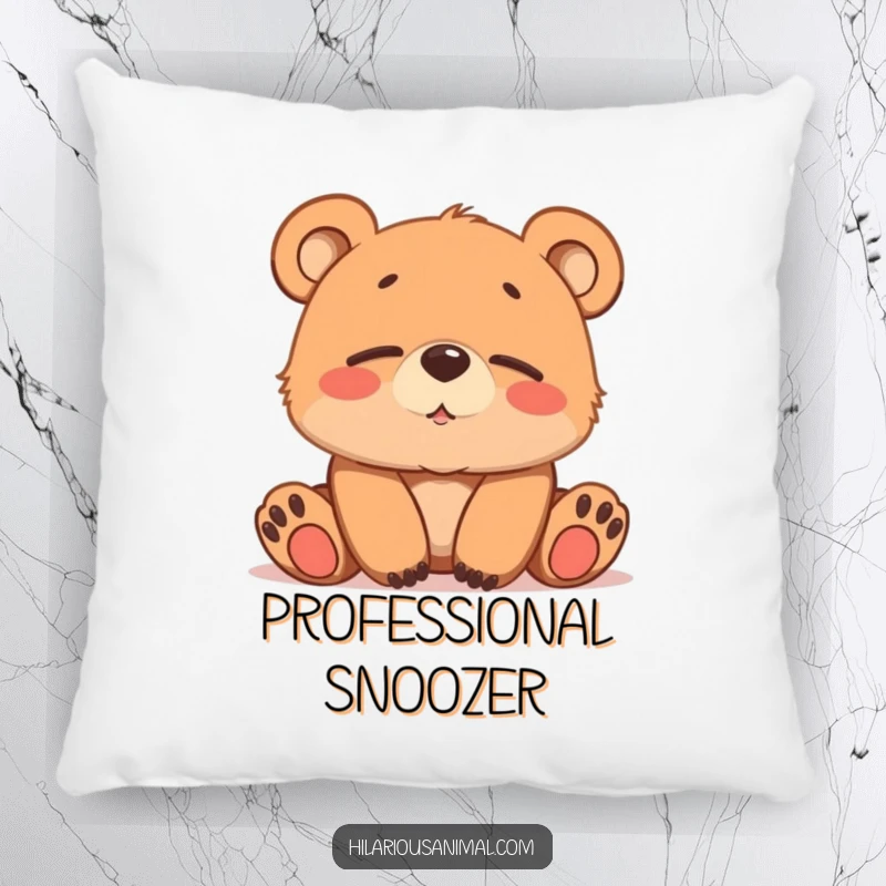 Funny brown bear cub pillow, softly chuckling with sleepy eyes, a plush accent of gentle mirth.