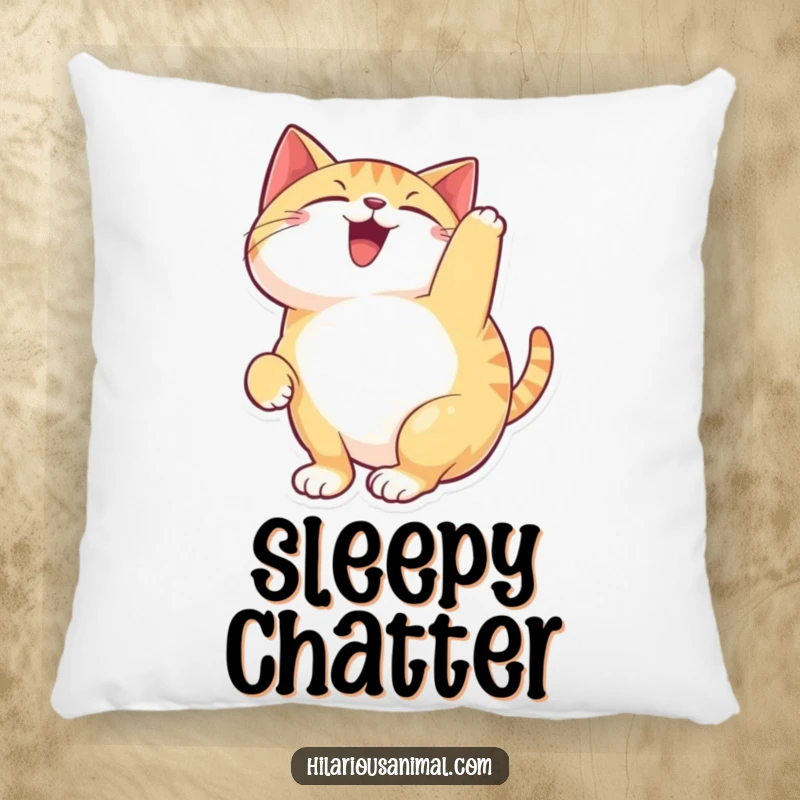 Funny happy cat pillow featuring a soft cushion of a feline arching its back and chattering with pure, delightful joy.