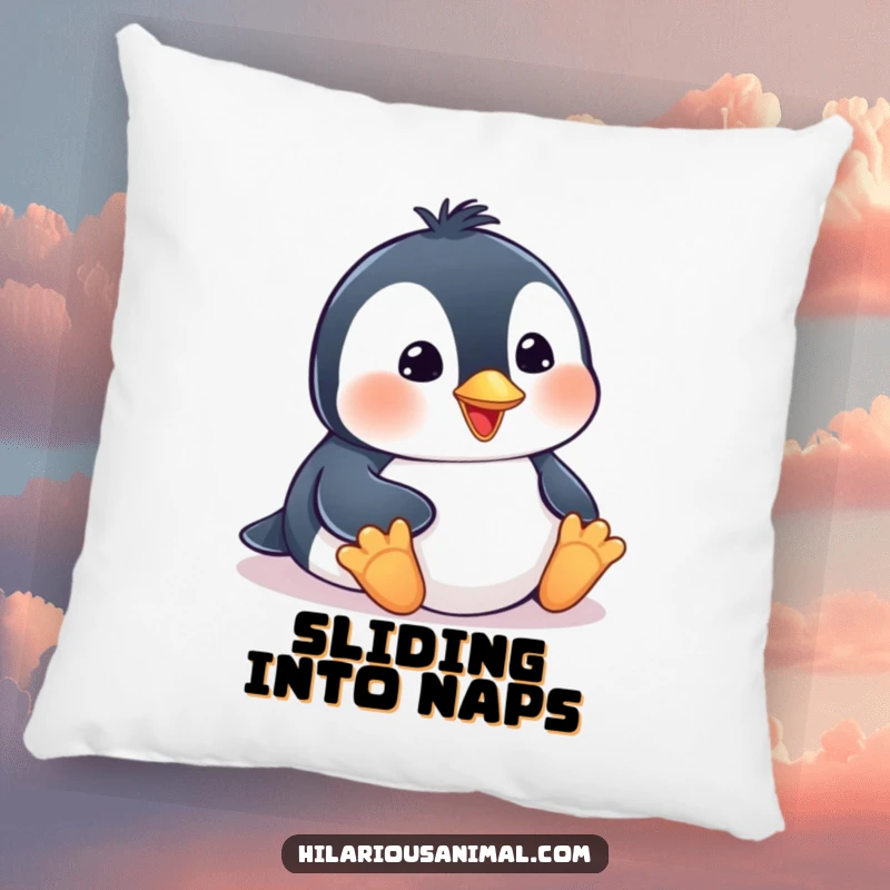 Funny penguin cub pillow, resting comfortably while belly-sliding with a happy smile, perfect for adding humor to downtime.