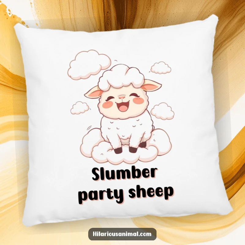 Funny bewildered sheep pillow, a sheep bleating with laughter surrounded by fluffy clouds, soft and dreamily humorous decor