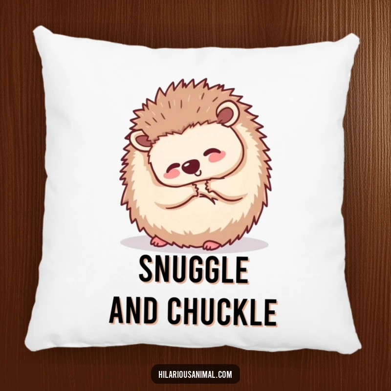 Funny small hedgehog curled into a ball, shaking with silent laughter, featured on a soft pillow, adding a touch of cozy amusement.