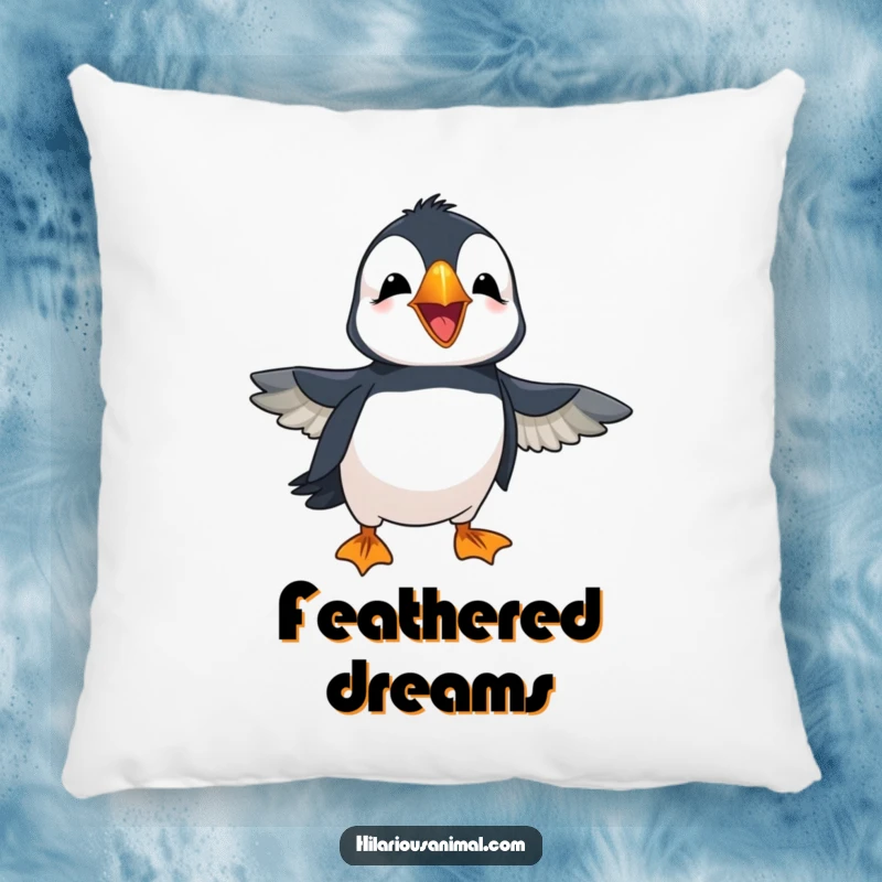 Funny cheerful puffin with wings flapping in amusement, laughing loudly, featured on a soft pillow, adding a touch of cozy cheer.