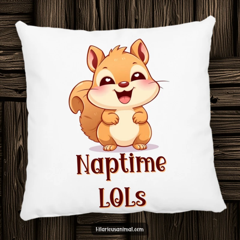 Funny happy squirrel with bright eyes, laughing heartily, featured on a soft pillow, adding a touch of cozy amusement.