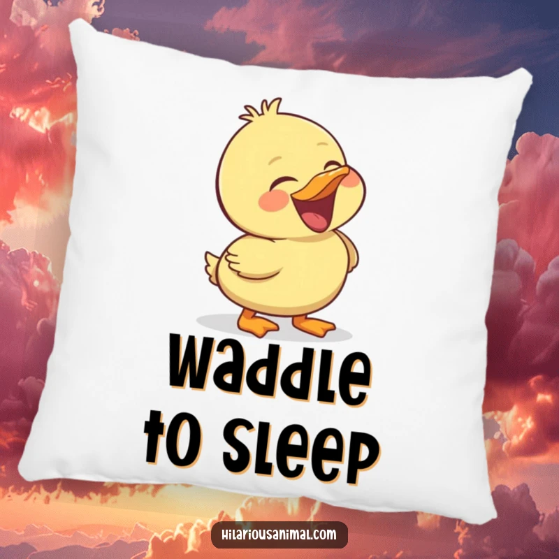 Funny duckling pillow, soft and plush, featuring a cheerful bird laughing heartily, perfect for cozy moments.