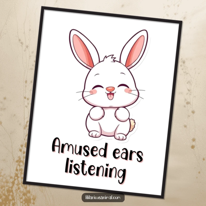 Funny digital art print of a happy bunny with a twitching nose and ears perked high in an amused expression.