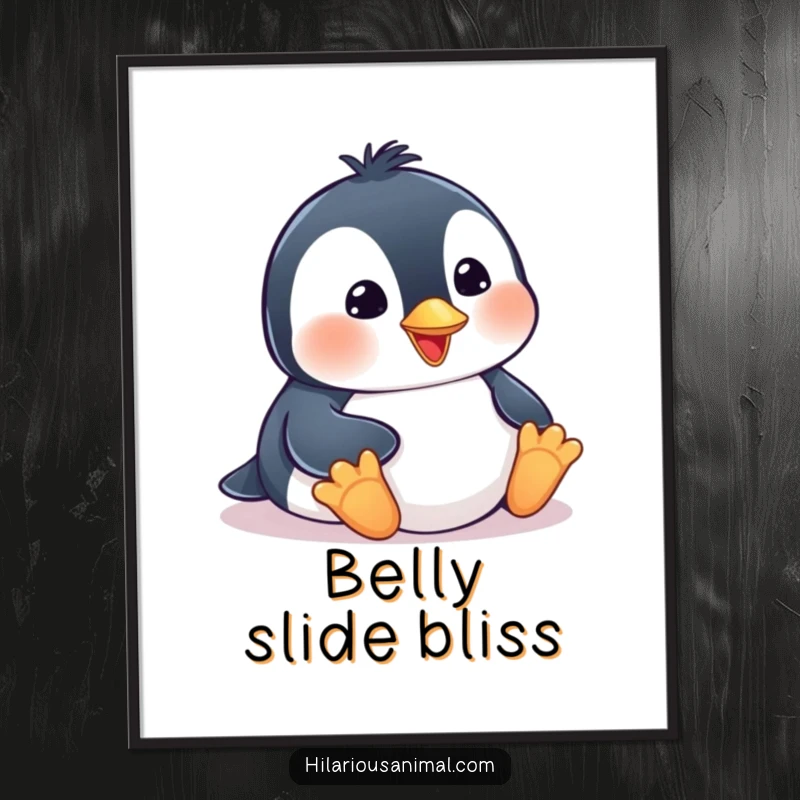 Funny penguin cub digital art print, belly-sliding with a big smile, bringing instant humor and cheer to any room.