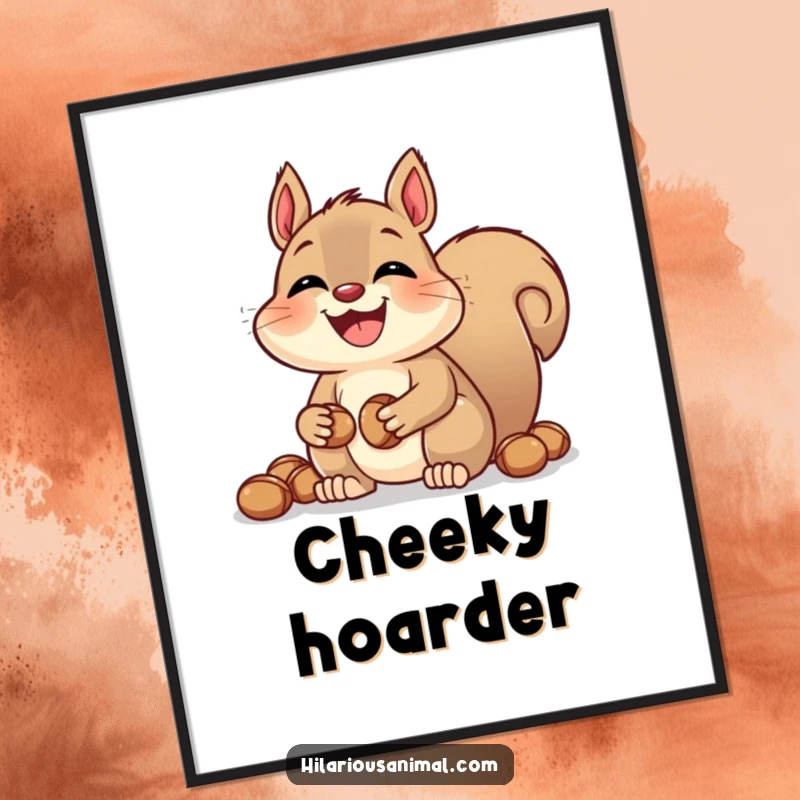 Funny laughing squirrel digital art print with bulging cheeks, high-resolution file, features a nut-hoarding creature, ideal for printable wall decor.