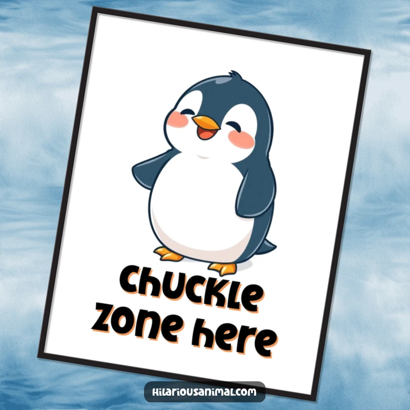 Funny penguin digital art print, high-resolution download of a cute plump bird belly shaking from laughter, for decor.