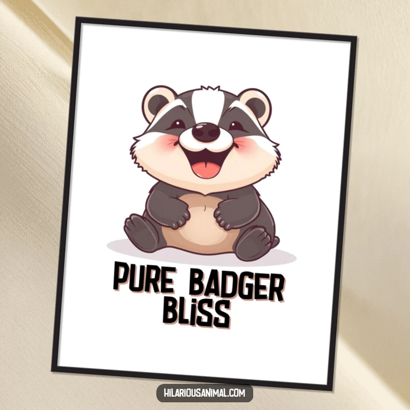 Funny Badger Digital Art Print capturing a hilarious badger rolling with an ecstatic grin, perfect for immediate download and joyful digital decor.