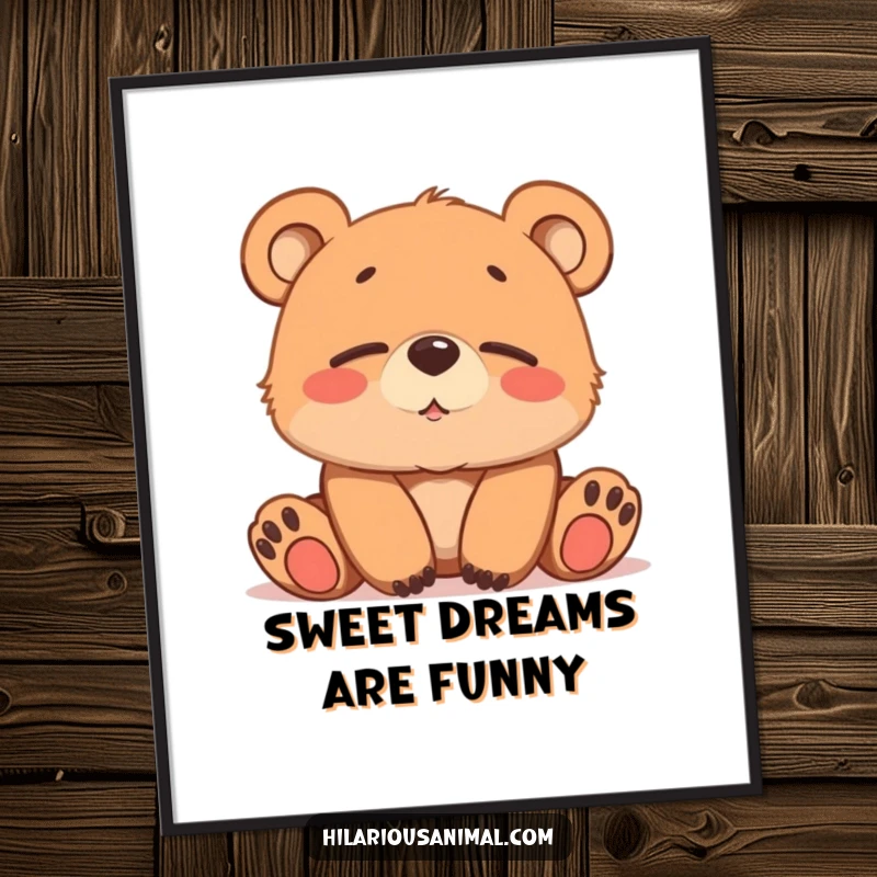 Funny brown bear cub digital art print, softly chuckling with sleepy eyes, for instant serene amusement.