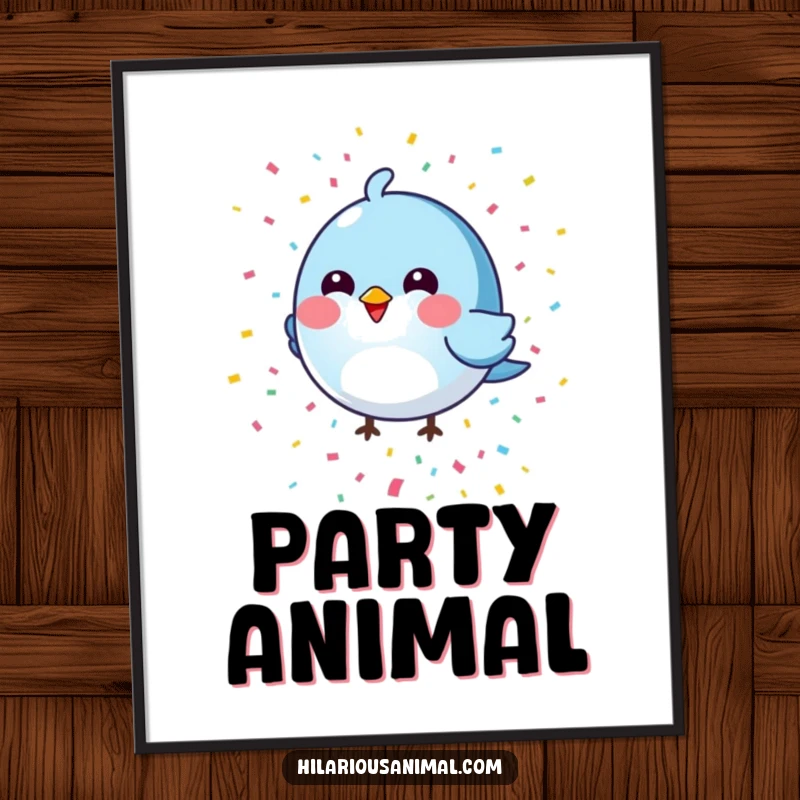 Funny round blue bird digital art print showcasing a colorful confetti shower, offering instant whimsical and humorous decor.