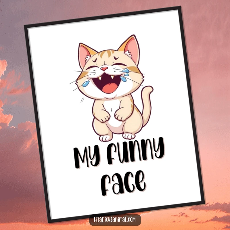 Funny cat digital art print of a small feline roaring with laughter, tears streaming from its eyes, a downloadable humorous masterpiece.
