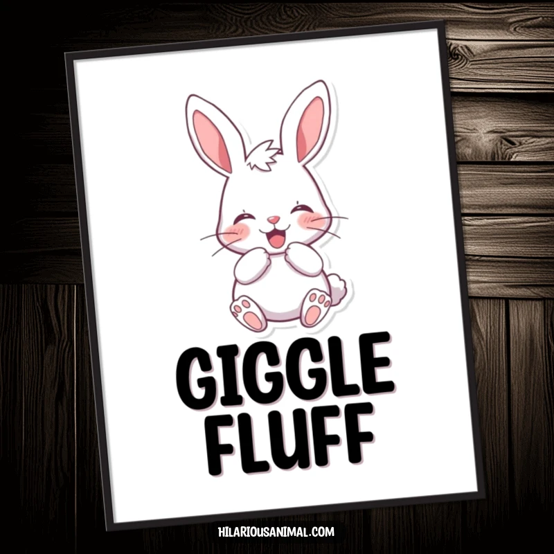 Funny cheerful bunny digital art print of a rabbit muffling a laugh behind its paws, ready to bring smiles and giggles to any viewer.