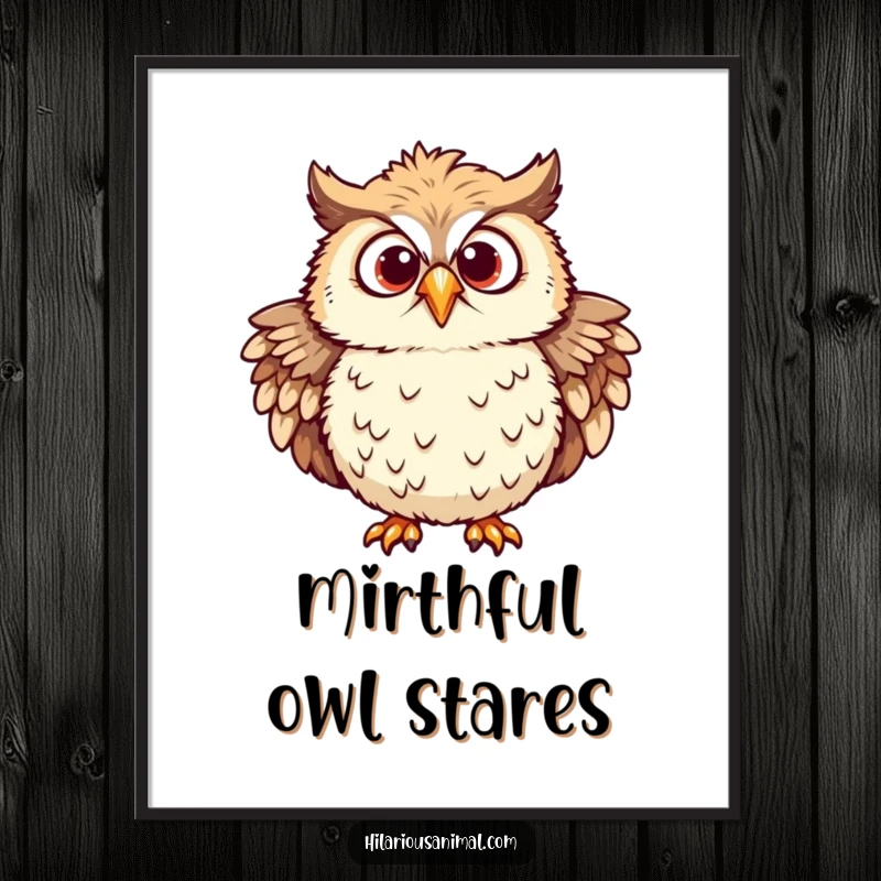 Funny digital art print of a chuckling owl with ruffled feathers and eyes wide with mirth, looking truly amused.