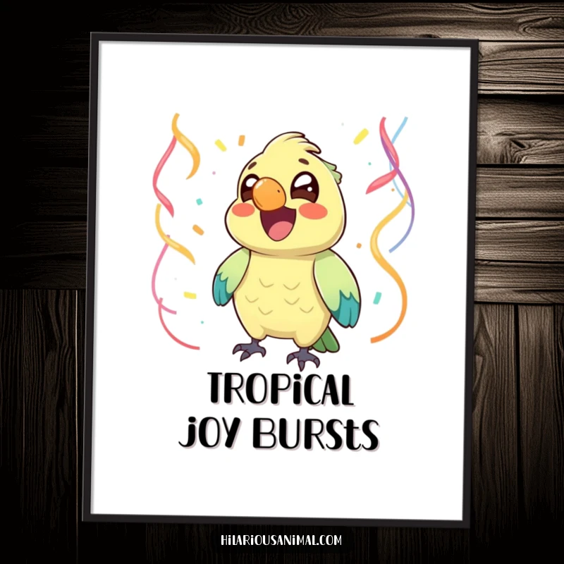 Funny joyful parrot with bright eyes chuckling, surrounded by streamers, as a digital art print, a festive funny gift.