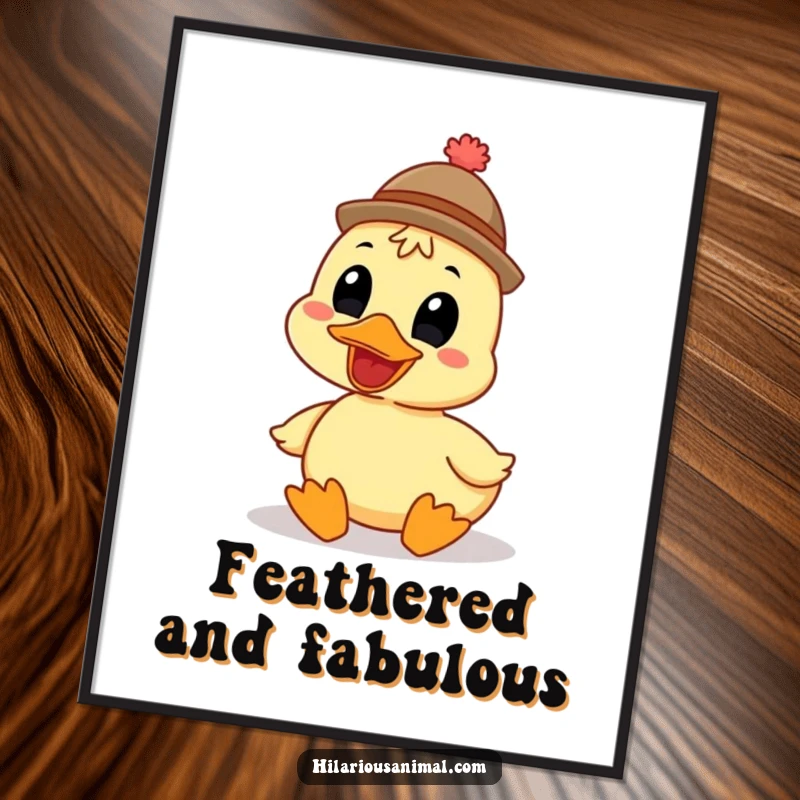 Funny grinning duck digital art print wearing a funny hat, high-resolution file, features a cheerful quacking bird, ideal for printable wall decor.