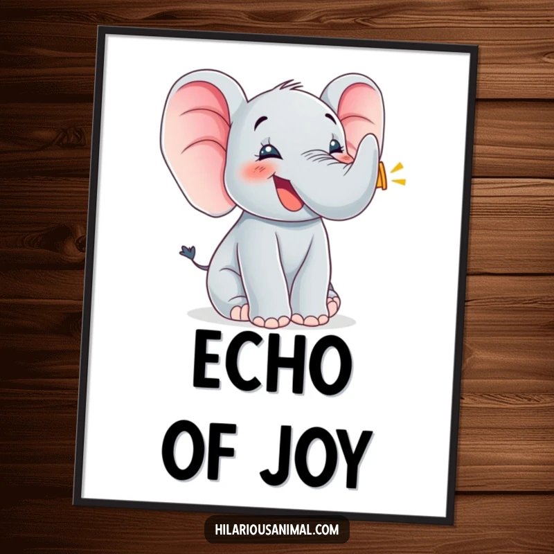 Funny elephant cub trumpeting with pure joy, ears flapping, digital art illustration, ready to be printed for instant cheerful home decor.