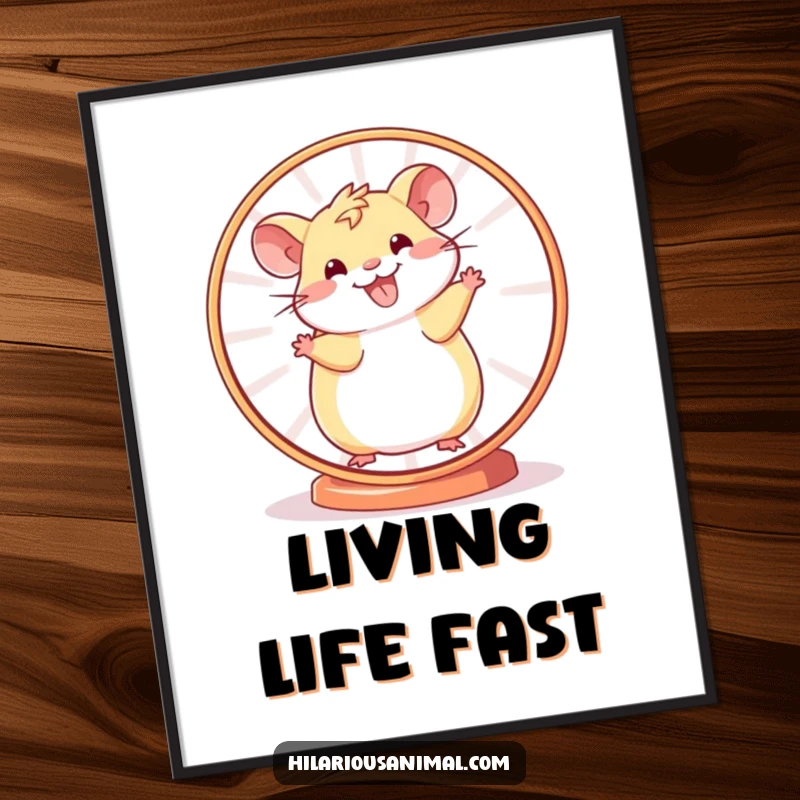 Funny Hamster Wheel Digital Art Print showing a cheerful hamster spinning ecstatically, perfect for immediate download and adding energetic humor to digital spaces.