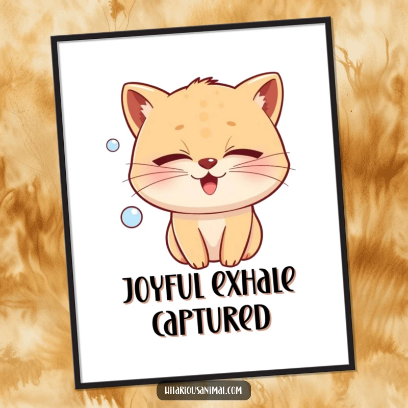 Funny whiskered animal with eyes shut tight, emitting a bubble of pure joy, as a digital art print, a peaceful funny gift.