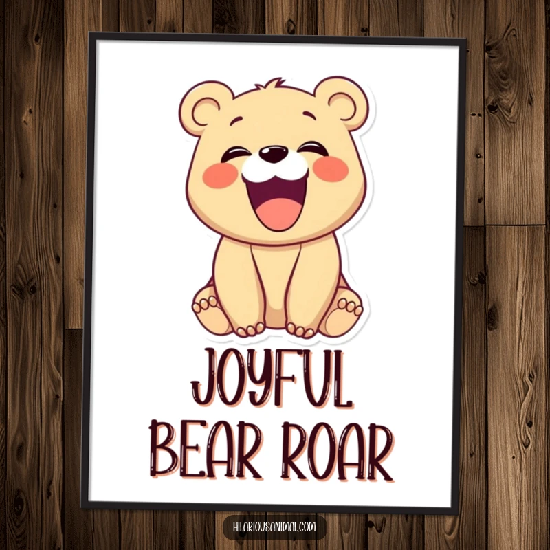 Funny bear cub with mouth wide open in a hearty laugh, as a digital art print, radiating pure joy, a funny gift.