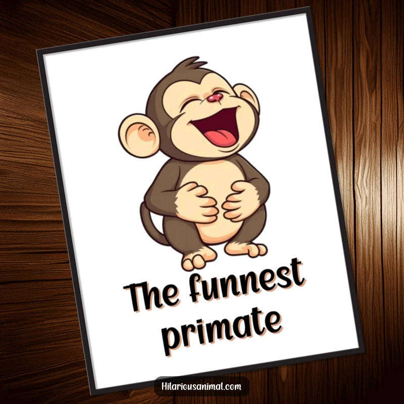 Funny monkey digital art print, a silly character holding its belly, roaring with laughter, perfect for instant download and adding hilarious primate vibes.