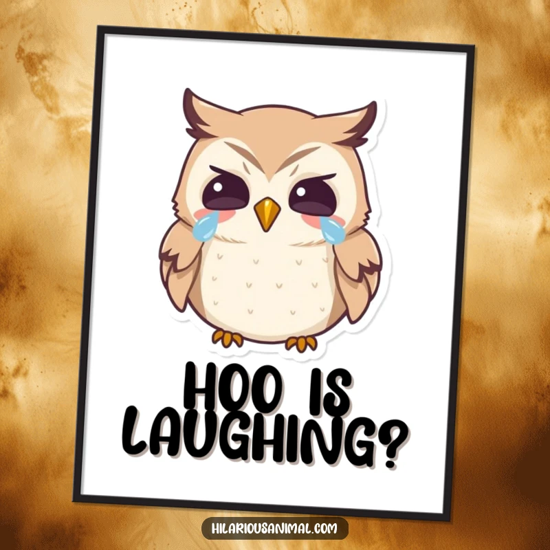 Funny owl digital art print, high-resolution download of a tiny bird laughing heartily with tears, for humorous decor.