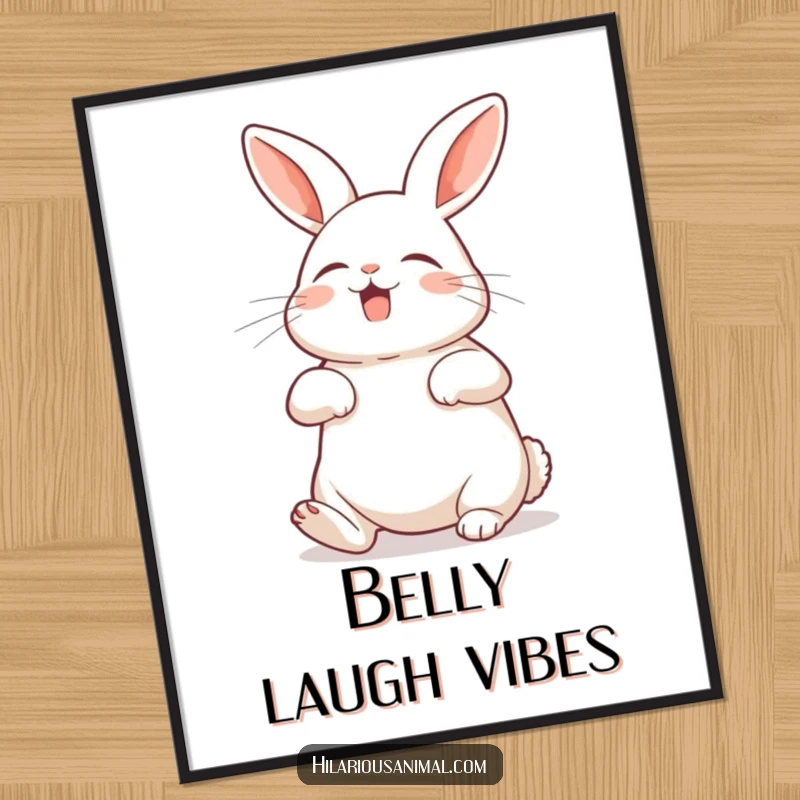 Funny rabbit digital art print of a bunny with its belly exposed, shaking with silent laughter, a joyful downloadable piece.