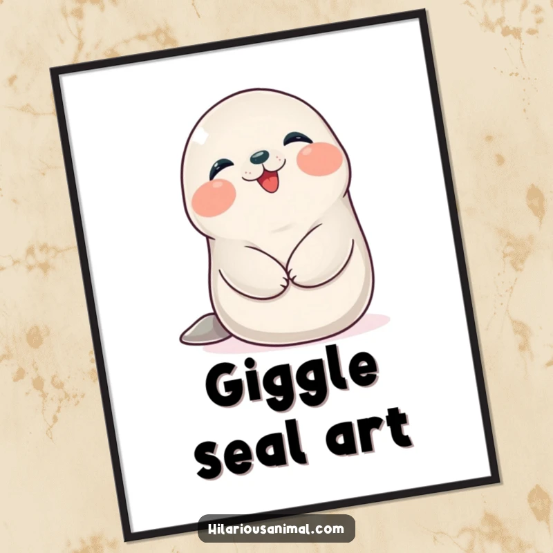 Funny Seal Cub Digital Art Print: A happy, plump seal cub giggling while holding its belly, bringing instant joy.