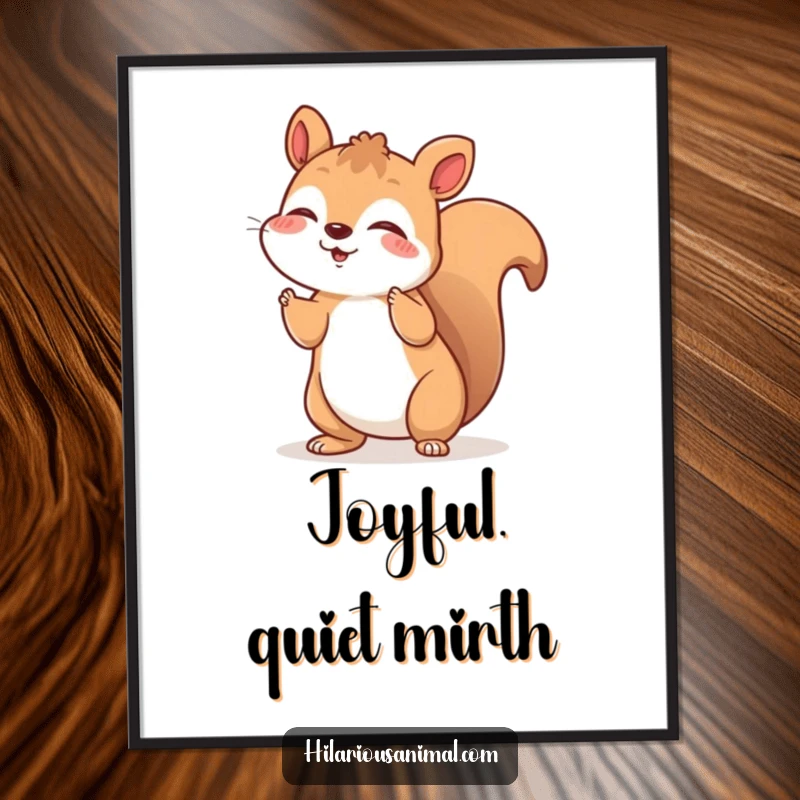 Funny digital art print of a cheerful squirrel shaking with silent, joyful laughter, an instant funny gift.