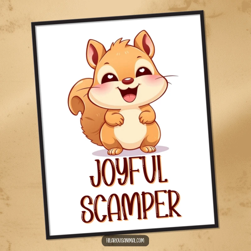 Funny happy squirrel with bright eyes, erupting into peals of laughter, a digital art print radiating infectious joy and amusement.