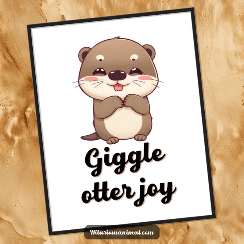 Funny otter digital art print, high-resolution download of a beaming round cub clutching sides with suppressed giggles, for decor.