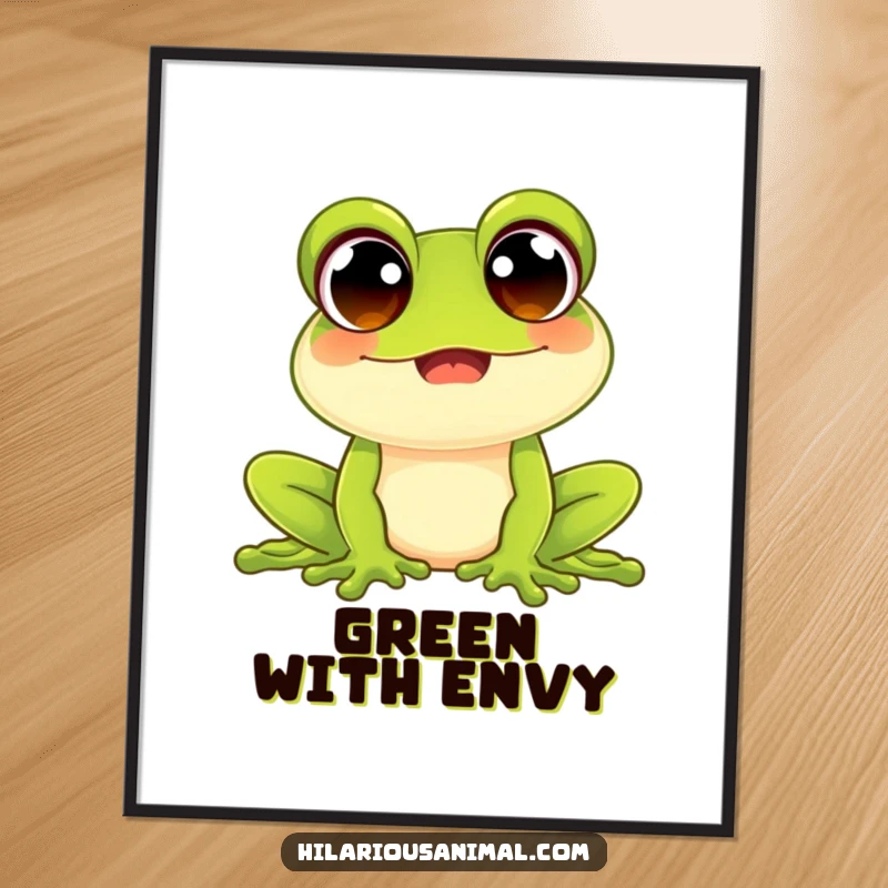Funny happy frog digital art print with wide beaming eyes, high-resolution file, features a joyful croaking amphibian, ideal for printable wall decor.