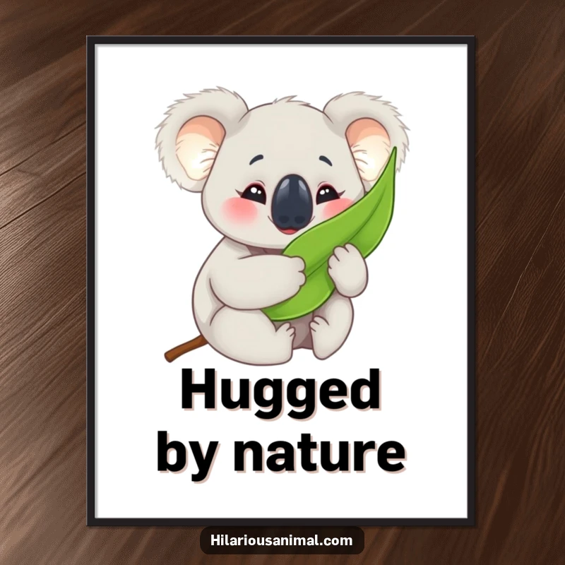 Funny koala cub digital art print, hugging a eucalyptus leaf with crinkled eyes, bringing instant adorable humor.