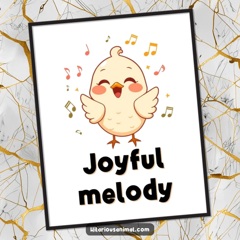 Funny cheerful bird digital art print of a bird chirping with laughter surrounded by musical notes, instant download for joyful decor