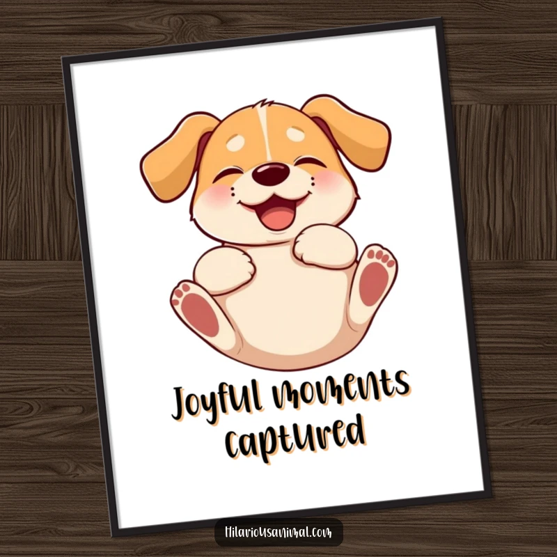 Funny digital art print of a floppy-eared dog rolling on its back, captured in a moment of absolute, gleeful giggling.