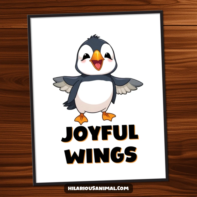 Funny cheerful puffin with wings flapping in amusement, laughing loudly, a digital art print radiating infectious joy and boisterous charm.