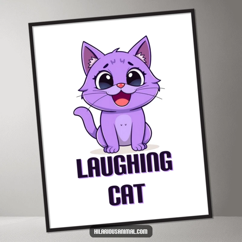 Funny purple cat digital art print, creature with wide eyes captured laughing with pure, unadulterated glee, full of life.