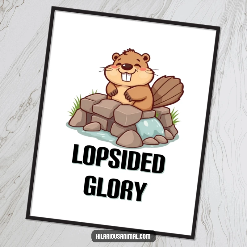 Funny chuckling beaver digital art print of a beaver industriously building a lopsided dam, ready to bring smiles and inspiration to viewers.