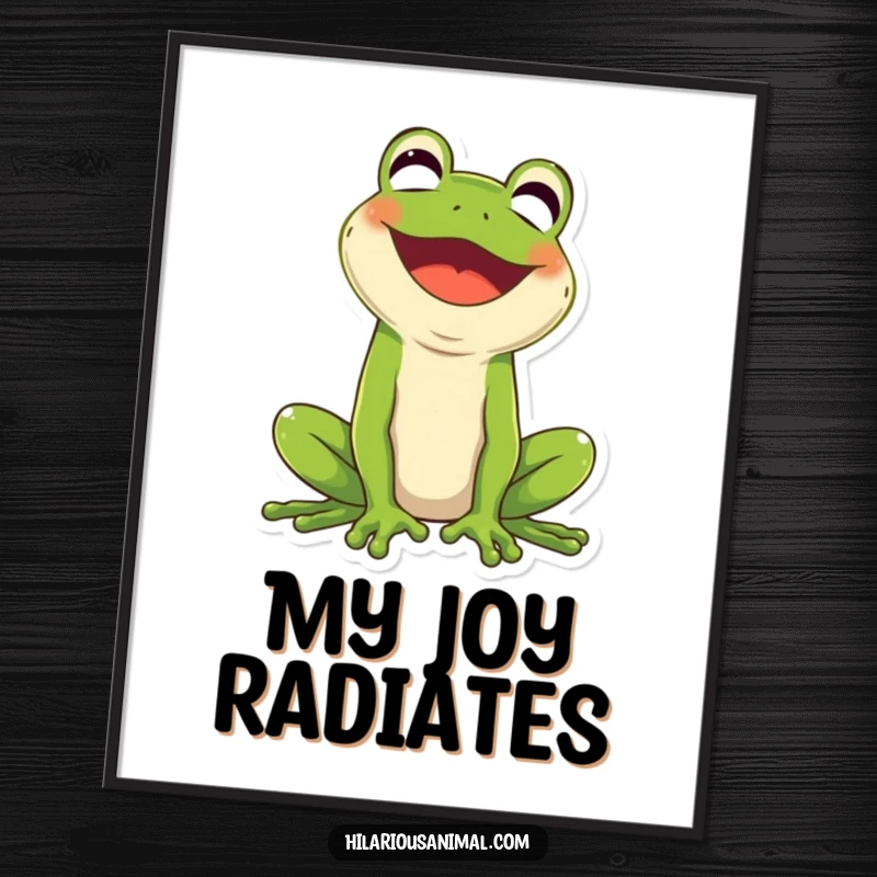 Funny green frog digital art print, mouth wide open in infectious laughter, for immediate merriment.