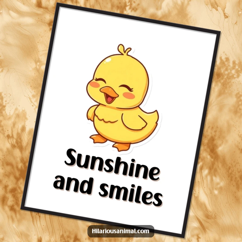 Funny yellow duckling digital art print, eyes closed in a gentle giggle, for instant cheer.