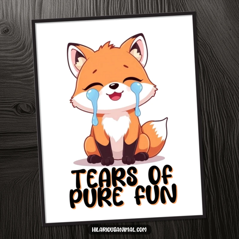 Funny Fox Laughing Tears Digital Art Print: A high-quality image of a cute fox with tears of laughter streaming down its face, ready for instant download.