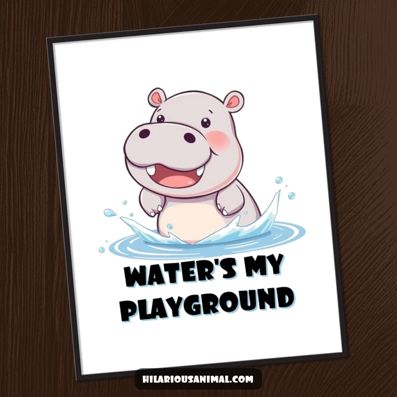 Funny hippo cub digital art print, beaming and splashing water with delight, bringing instant watery humor.