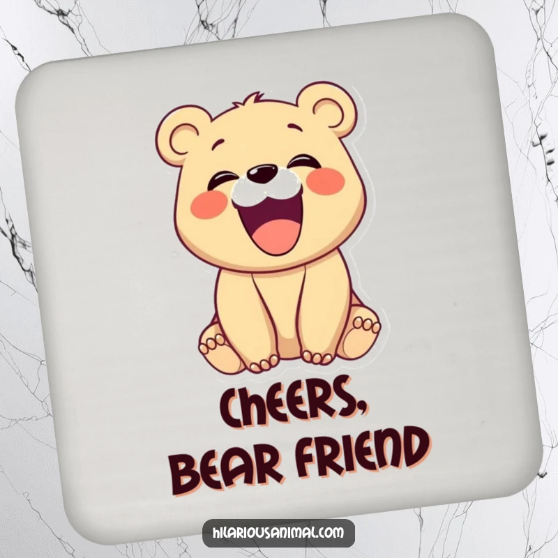 Funny bear cub with mouth wide open in a hearty laugh, on a drink coaster, spreading cheer, a funny gift.