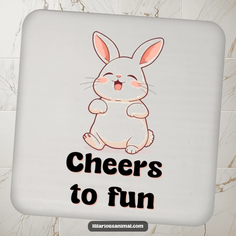 Funny rabbit coasters with a bunny exposing its belly, shaking with silent laughter, bringing humor to table settings.