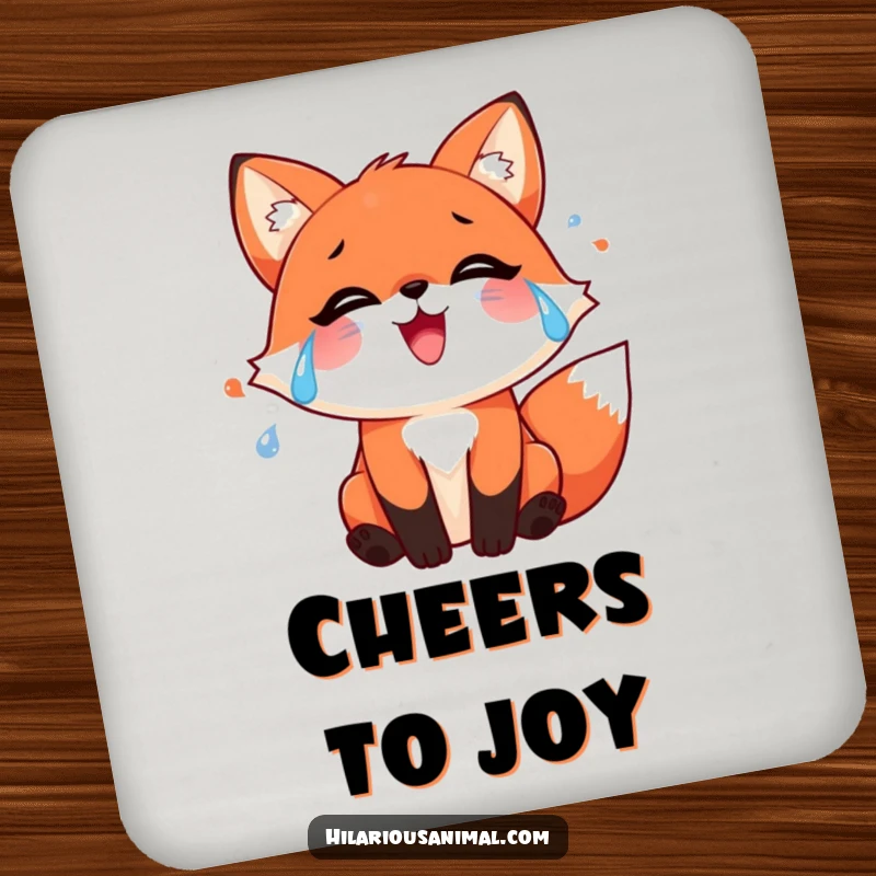 Funny red fox coasters featuring streams of joyful tears, offering humorous and heartwarming surface protection.