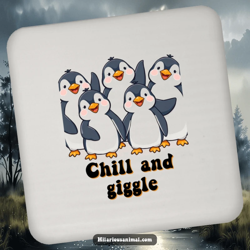 Funny Penguin Giggling Coasters: A set of coasters featuring happy penguins giggling with flippers in the air, offering protection with a humorous animal design.