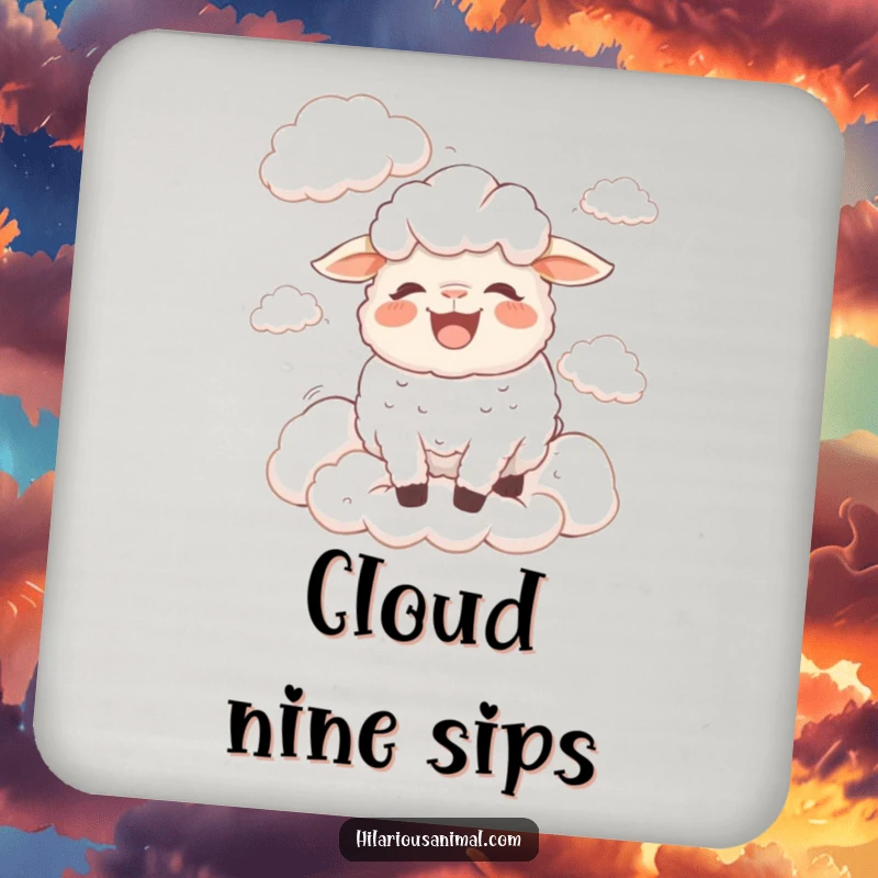Funny bewildered sheep drink coasters with a sheep bleating with laughter surrounded by fluffy clouds, protecting surfaces with whimsy