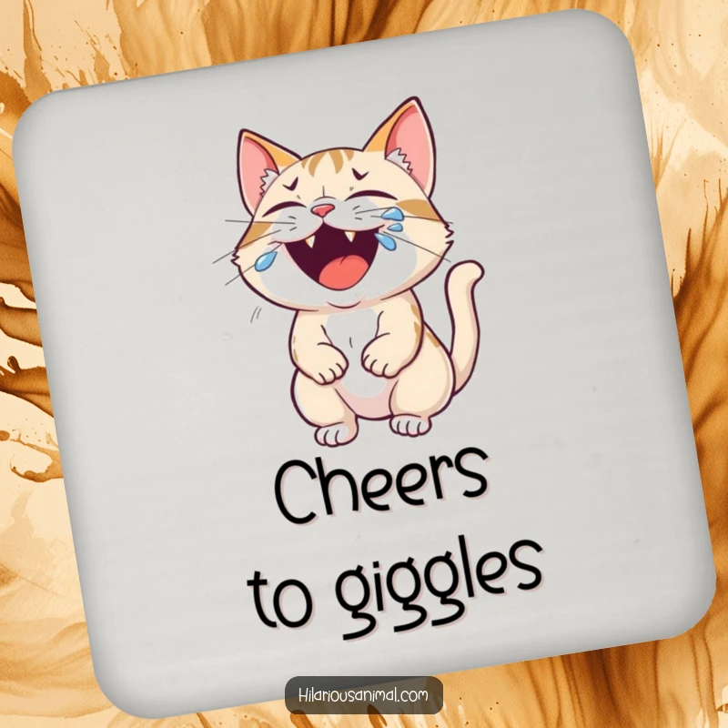 Funny cat coasters with a small cat roaring with laughter, tears streaming from its eyes, protecting surfaces with humor.
