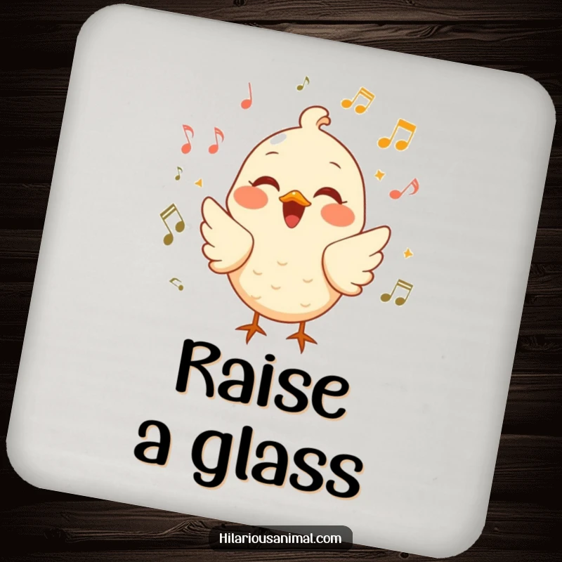 Funny cheerful bird drink coasters with a bird chirping with laughter surrounded by musical notes, protecting surfaces with melody